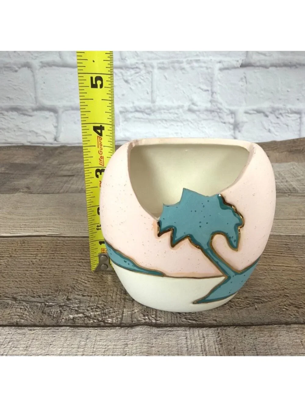 Vintage Pink Green Palm Tree Sand Art Pottery Candle Holder 24k Gold Trim Unused - Picture 7 of 10